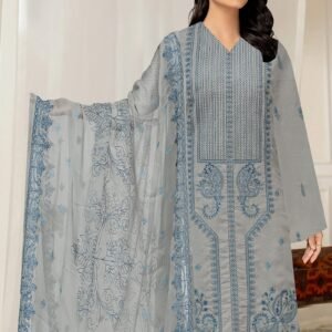 Color UM Premium Gul Lala – Embroidered Karandi Gala Daman with Chiffon Dupatta – D#704 (Grey & Blue)