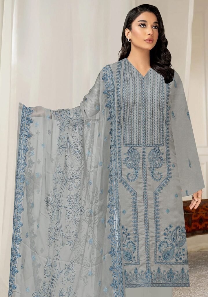 Color UM Premium Gul Lala – Embroidered Karandi Gala Daman with Chiffon Dupatta – D#704 (Grey & Blue)