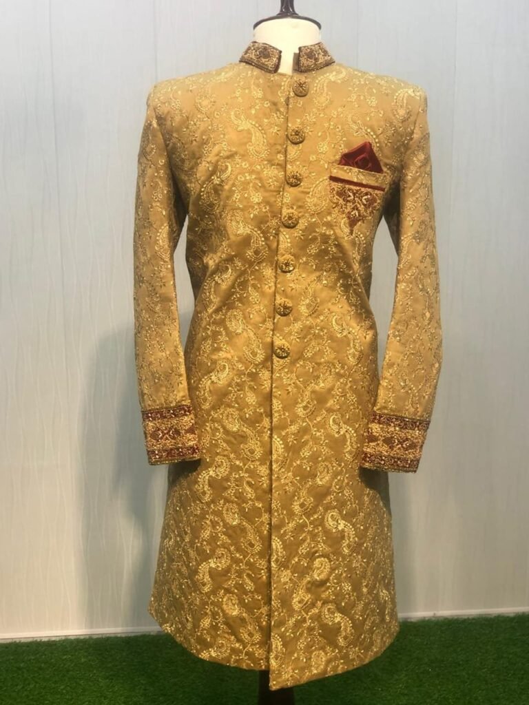 Royal Golden Sherwani with Maroon Detailing