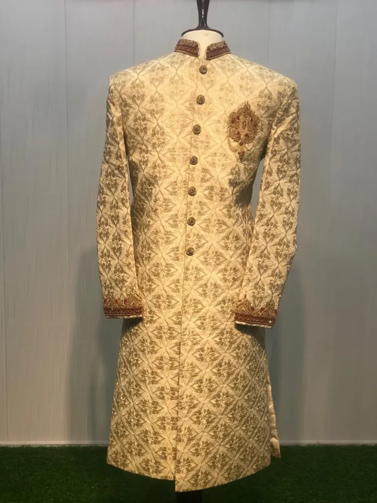 Ivory Sherwani with Diamond Pattern Embroidery
