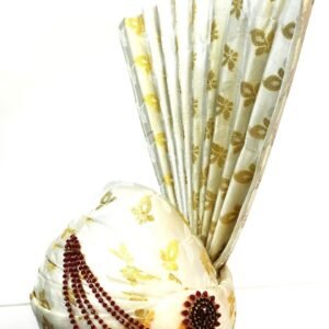 White Groom Turban with Golden Floral Pattern & Stone Brooch