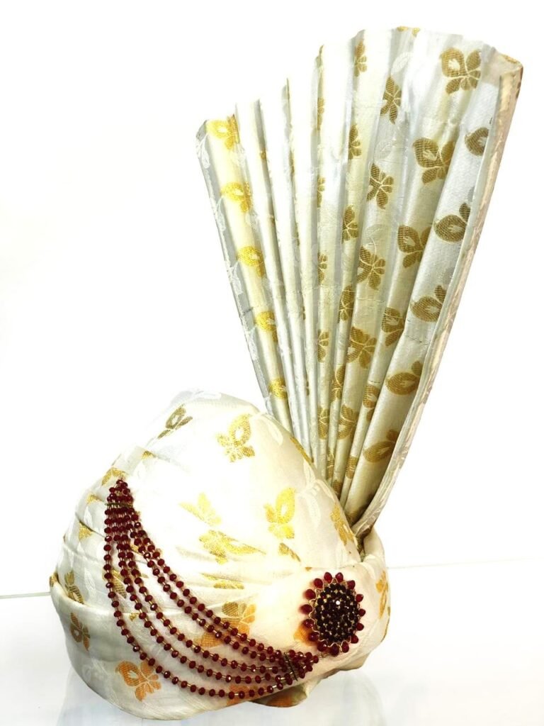 White Groom Turban with Golden Floral Pattern & Stone Brooch