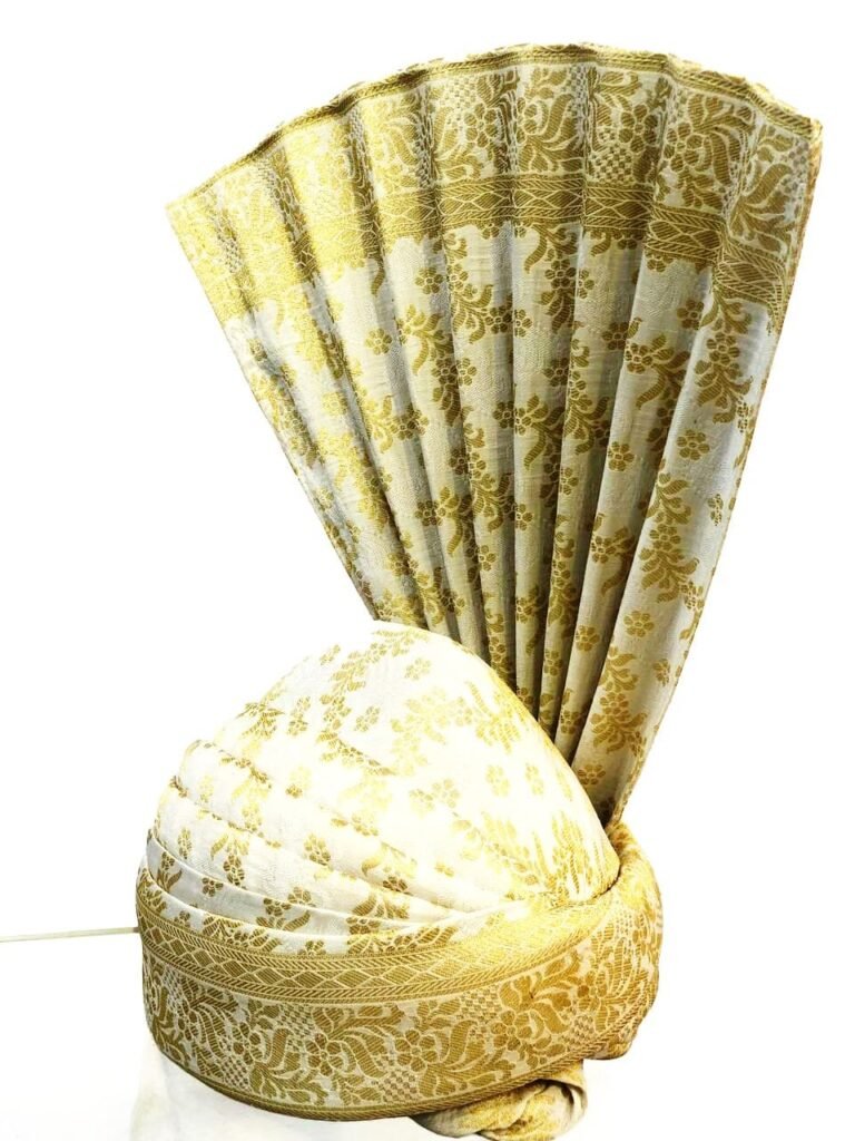 White & Golden Groom Turban with Intricate Weaving