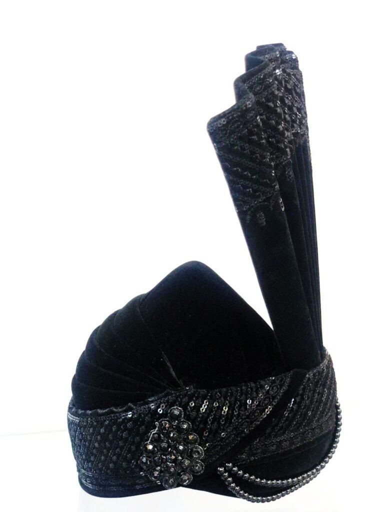 Black Velvet Groom Turban with Sequin Embroidery & Bead Chain