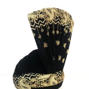 Black & Golden Embroidered Velvet Groom Turban
