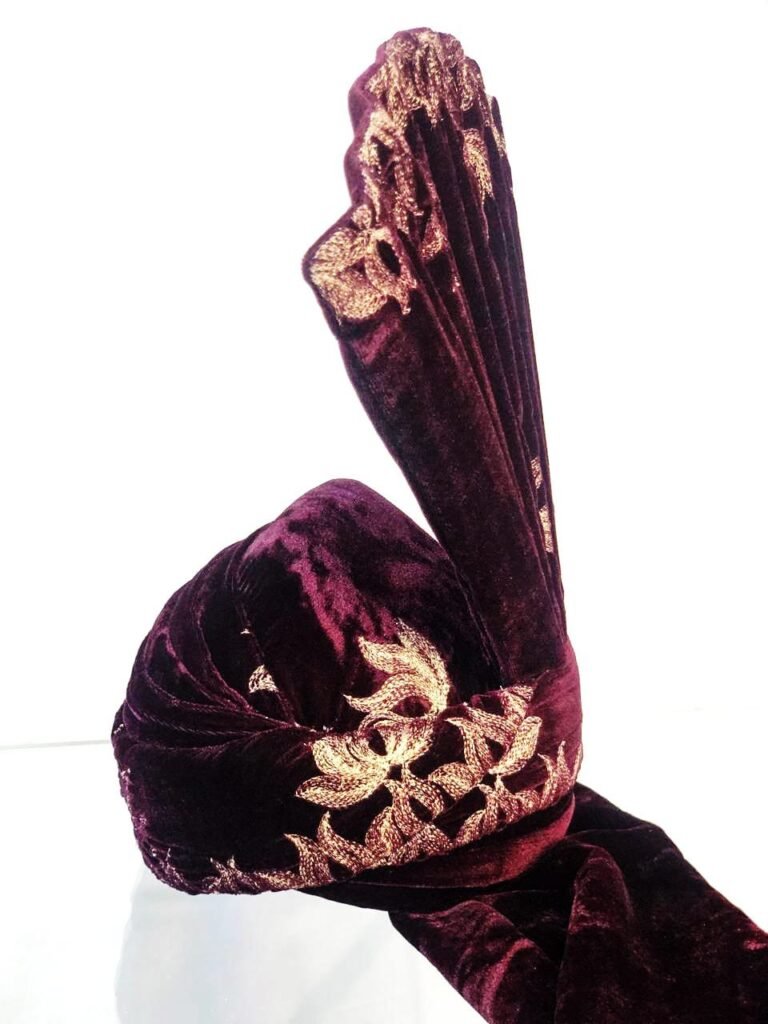 Dark Wine Velvet Turban with Golden Embroidery