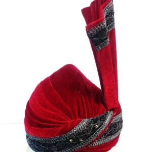 Red Velvet Groom Turban with Black Embroidered Border