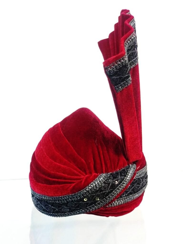 Red Velvet Groom Turban with Black Embroidered Border