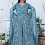 Teal Blue Luxury Embroidered Maxi 3-Piece Suit – Designer Collection