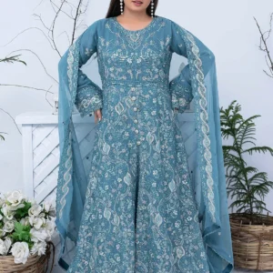 Teal Blue Luxury Embroidered Maxi 3-Piece Suit – Designer Collection