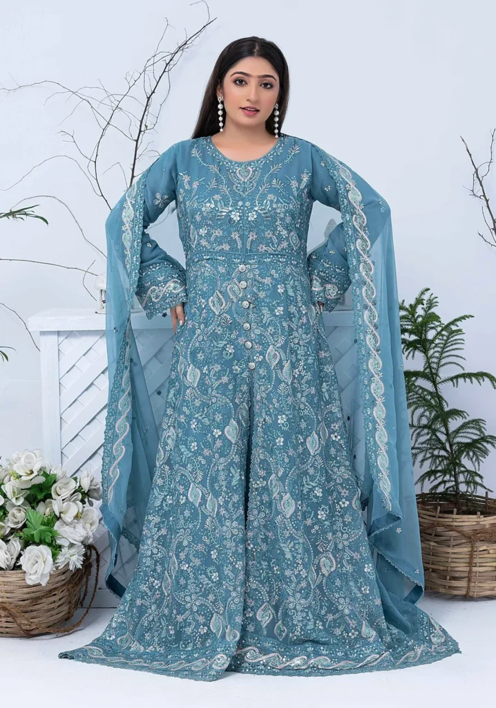 Teal Blue Luxury Embroidered Maxi 3-Piece Suit – Designer Collection