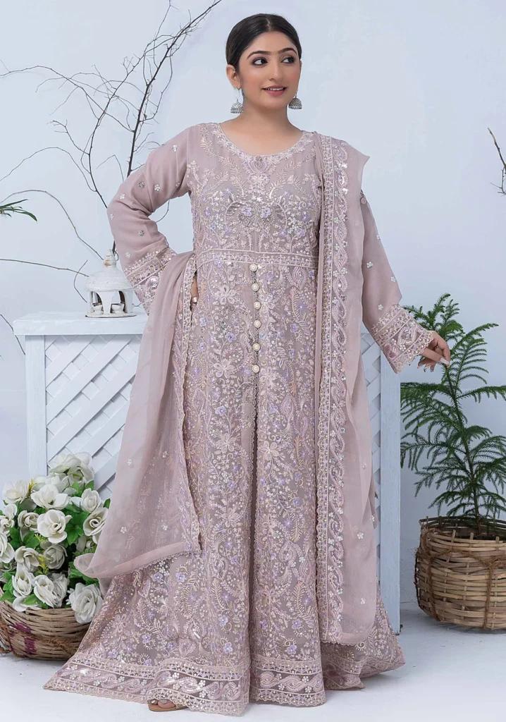 Light Pink Embroidered Maxi 3-Piece Suit – Luxury Formal Collection
