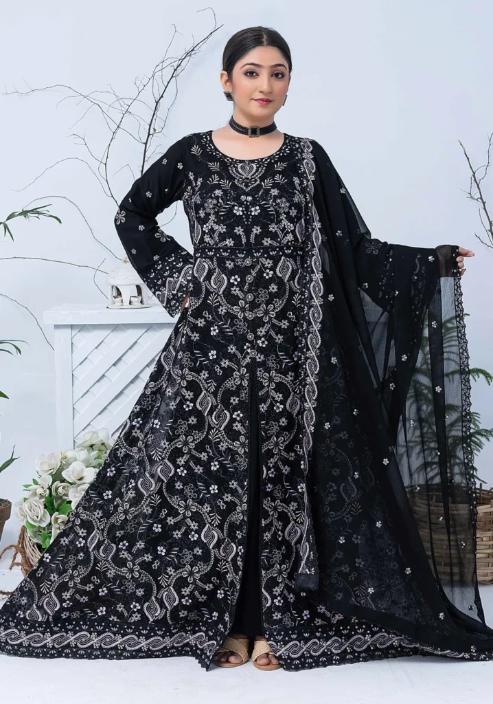 Black Luxury Embroidered Maxi 3-Piece Suit – Party Wear
