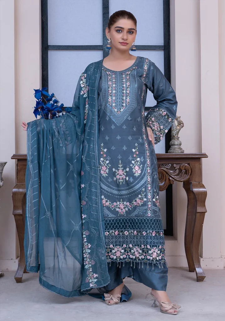 Teal Blue Embroidered Festive Suit