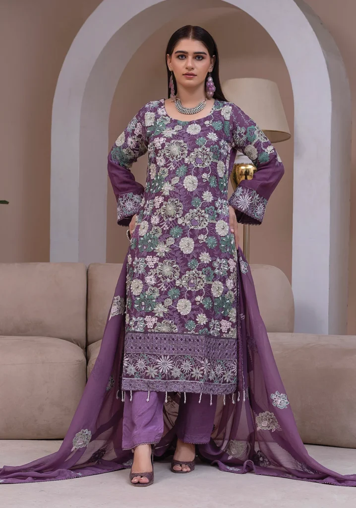 Purple Embroidered Chiffon 3-Piece Suit