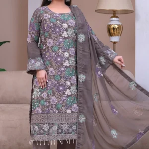 Brown Embroidered Chiffon 3-Piece Suit