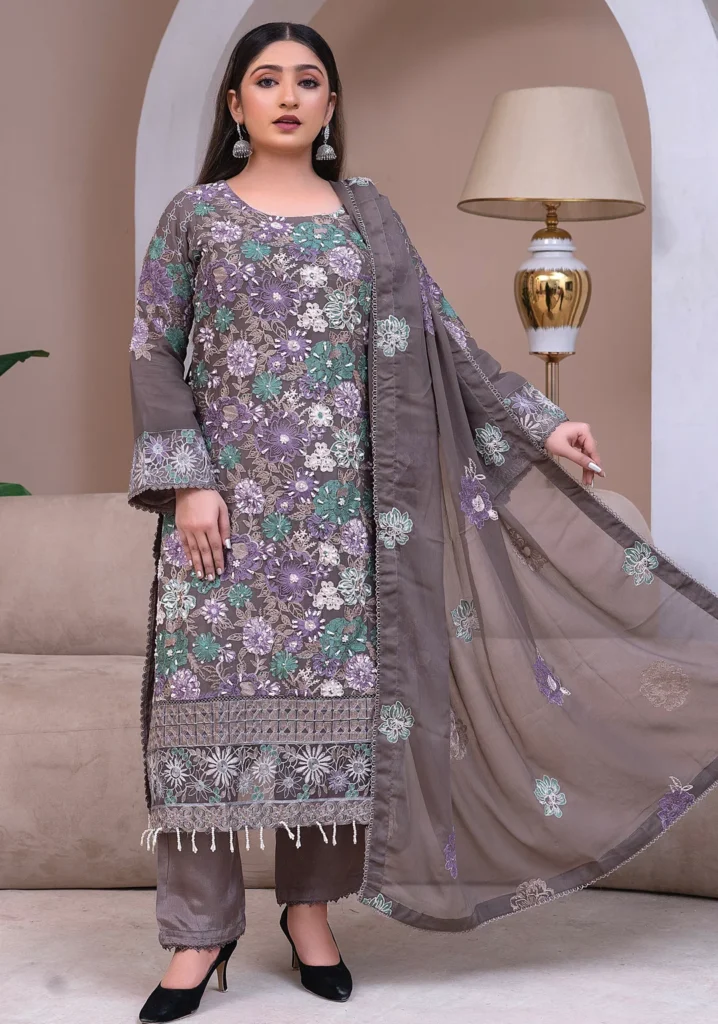 Brown Embroidered Chiffon 3-Piece Suit