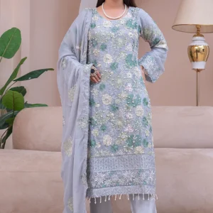Light Grey Embroidered Chiffon 3-Piece Suit