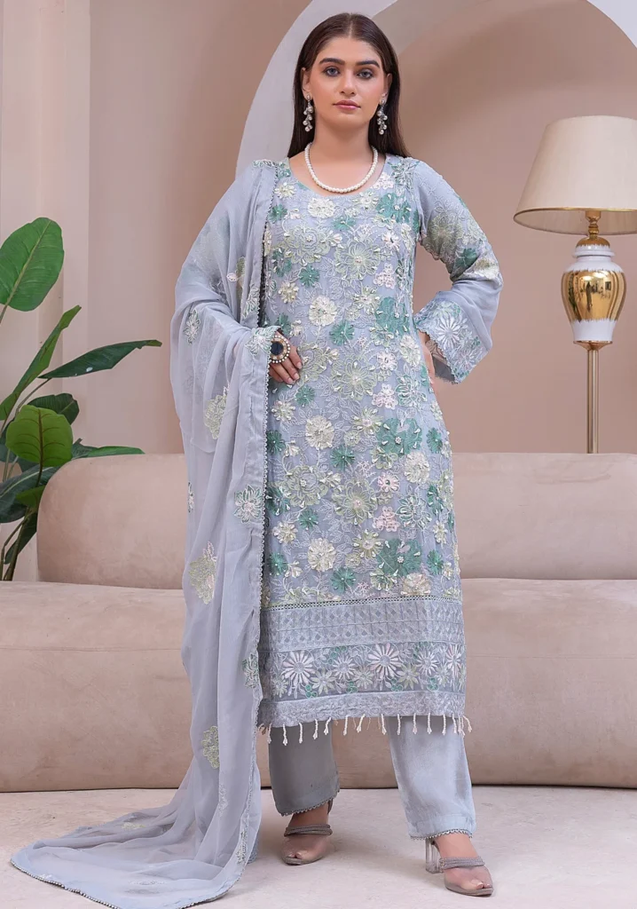 Light Grey Embroidered Chiffon 3-Piece Suit