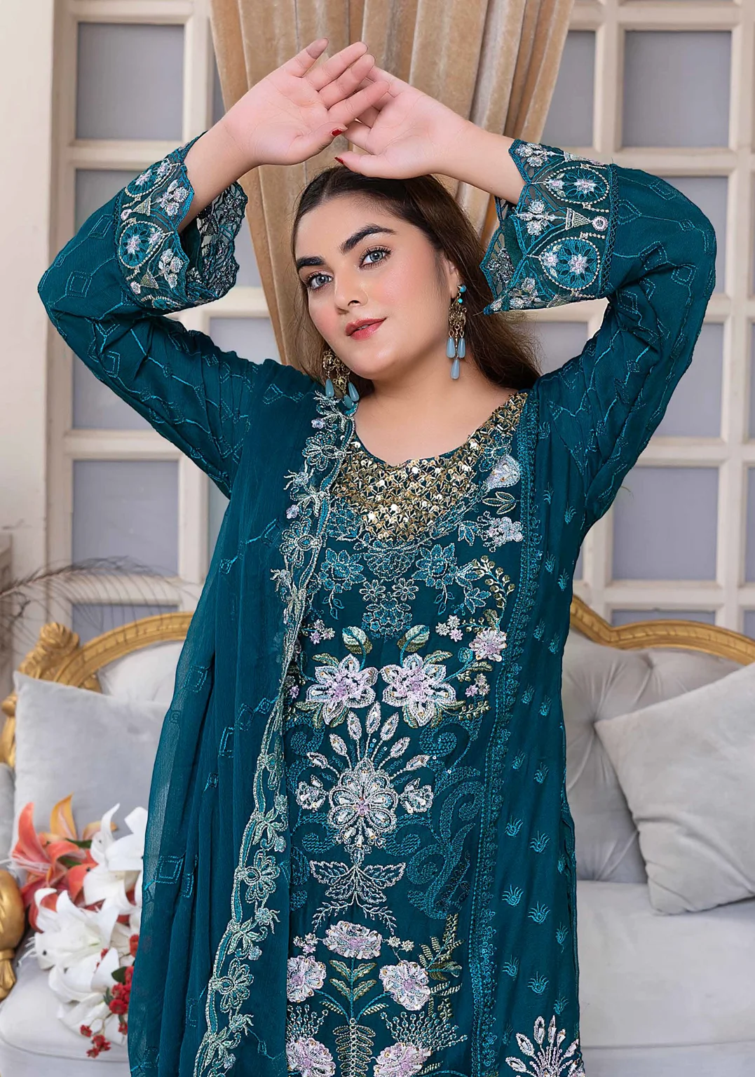 Teal Blue Embroidered Chiffon 3-Piece Suit – Wedding & Party Wear - Image 3