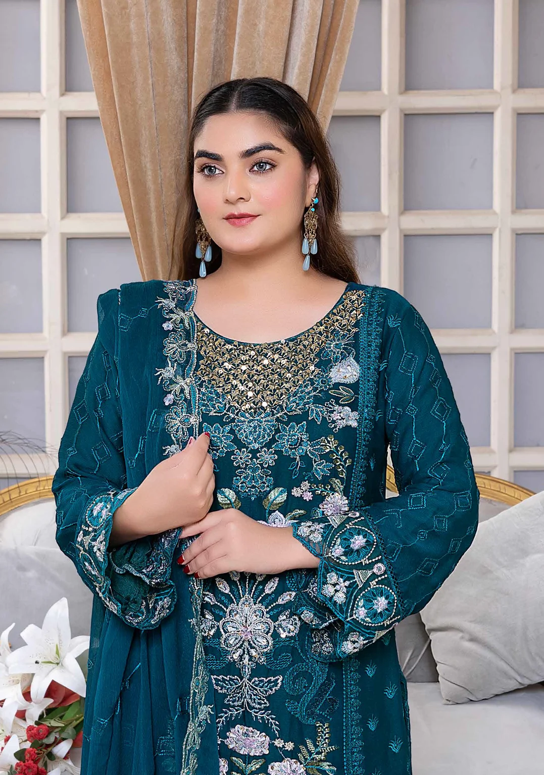 Teal Blue Embroidered Chiffon 3-Piece Suit – Wedding & Party Wear - Image 4
