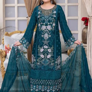 Teal Blue Embroidered Chiffon 3-Piece Suit – Wedding & Party Wear