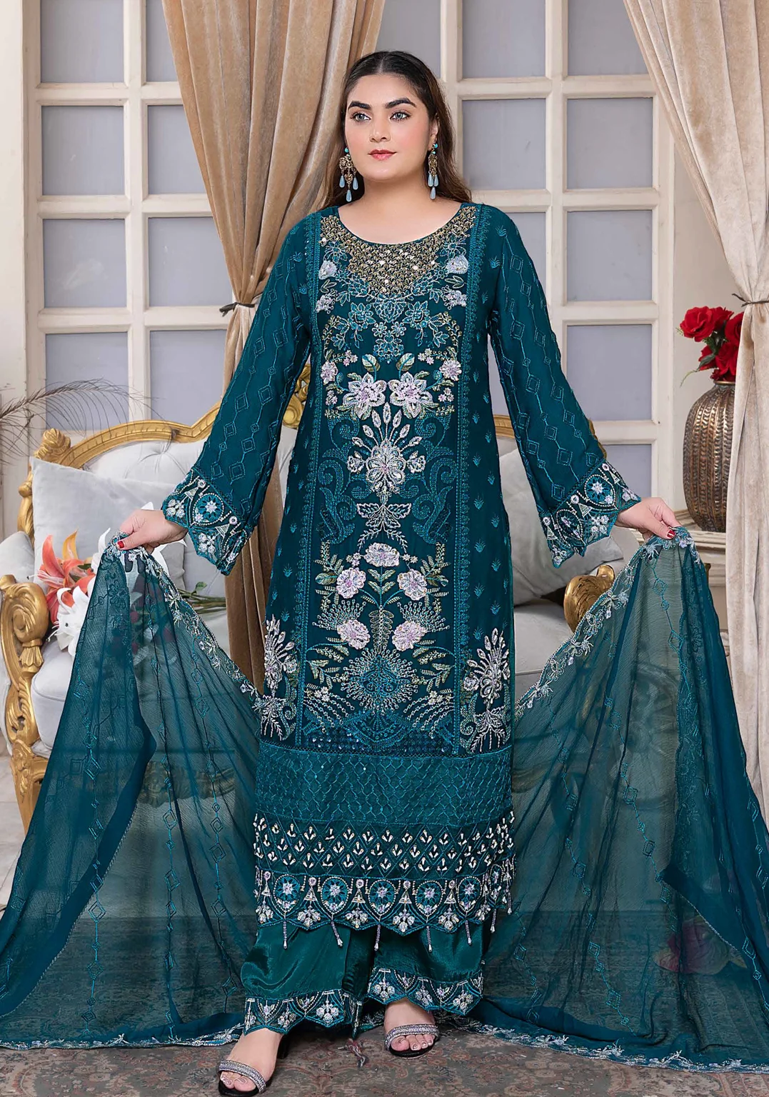 Teal Blue Embroidered Chiffon 3-Piece Suit – Wedding & Party Wear