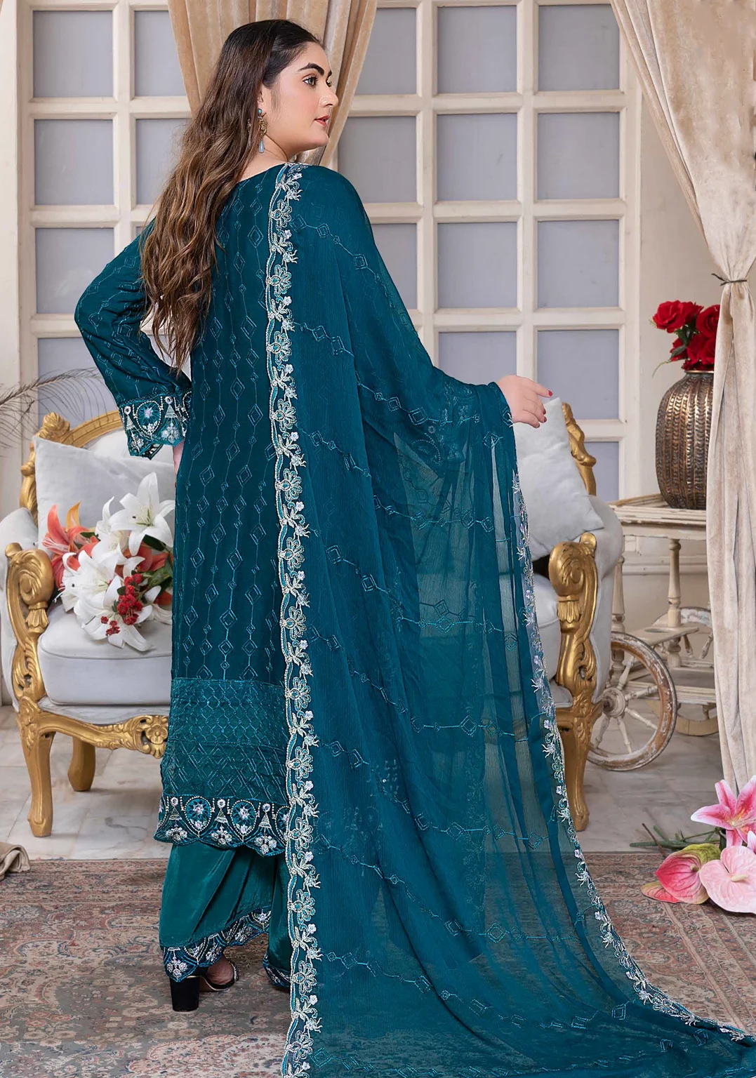Teal Blue Embroidered Chiffon 3-Piece Suit – Wedding & Party Wear - Image 2