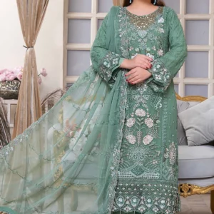 Green Embroidered Chiffon 3-Piece Suit – Luxury Formal Collection
