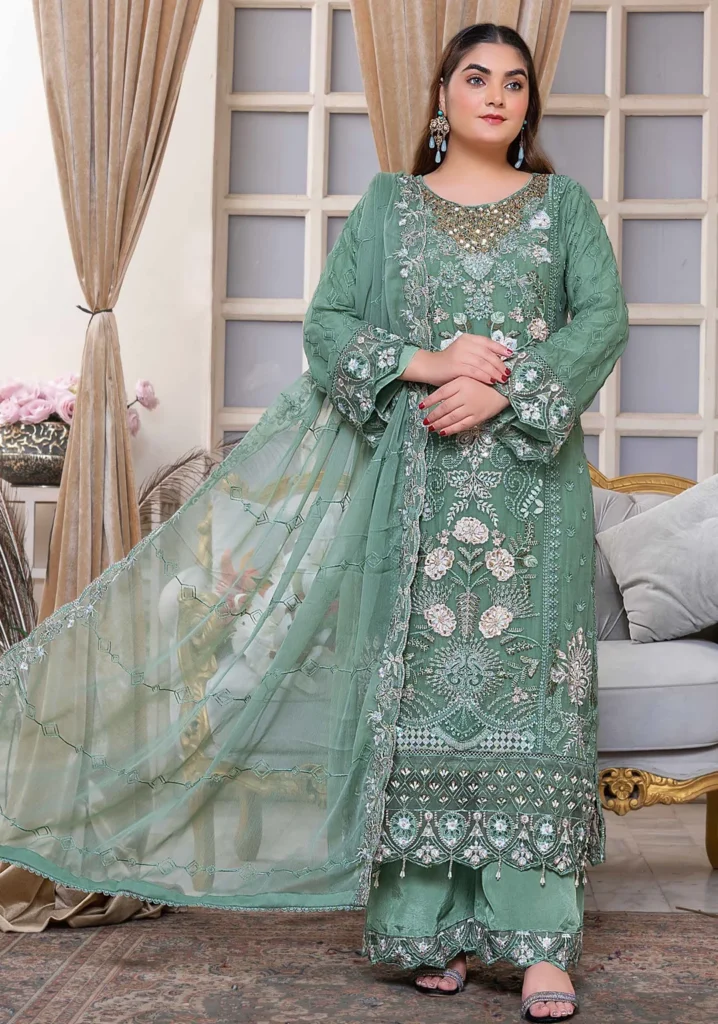 Green Embroidered Chiffon 3-Piece Suit – Luxury Formal Collection