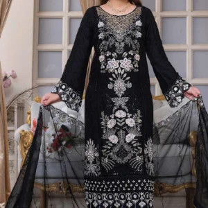 Black Luxury Embroidered Chiffon 3-Piece Suit – Formal Party Wear