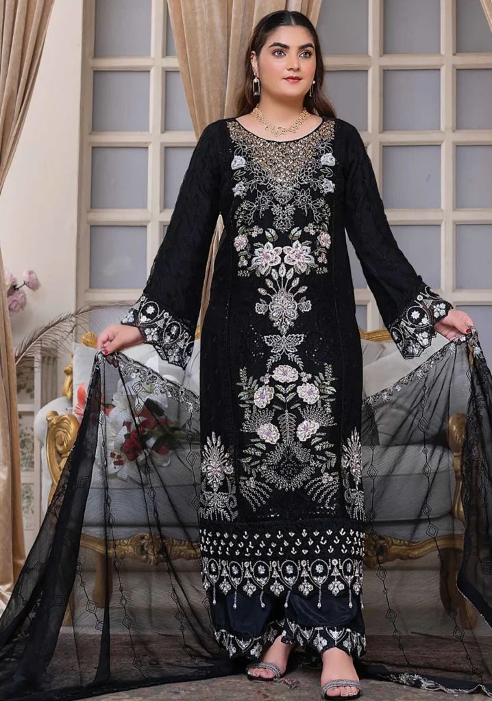 Black Luxury Embroidered Chiffon 3-Piece Suit – Formal Party Wear
