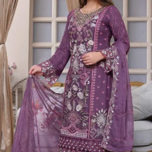 Purple Embroidered Chiffon 3-Piece Suit – Luxury Festive Collection