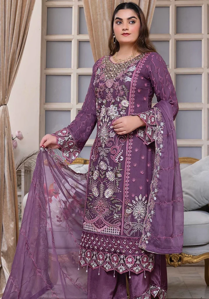 Purple Embroidered Chiffon 3-Piece Suit – Luxury Festive Collection