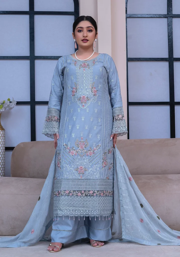 Sky Blue Embroidered 3-Piece Suit