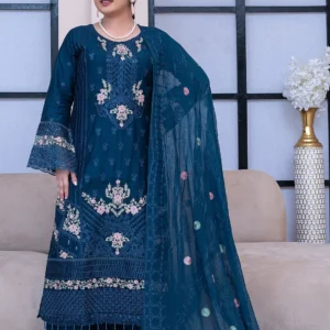 Teal Blue Embroidered 3-Piece Suit