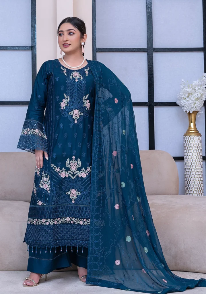 Teal Blue Embroidered 3-Piece Suit