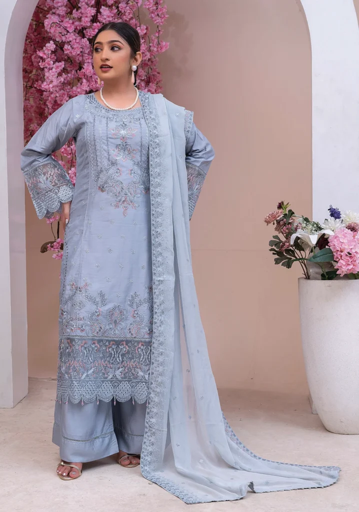 Sky Blue Embroidered 3-Piece Suit