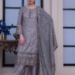 Luxury Ash Grey Embroidered Chiffon 3-Piece Suit – Women’s Festive Wear
