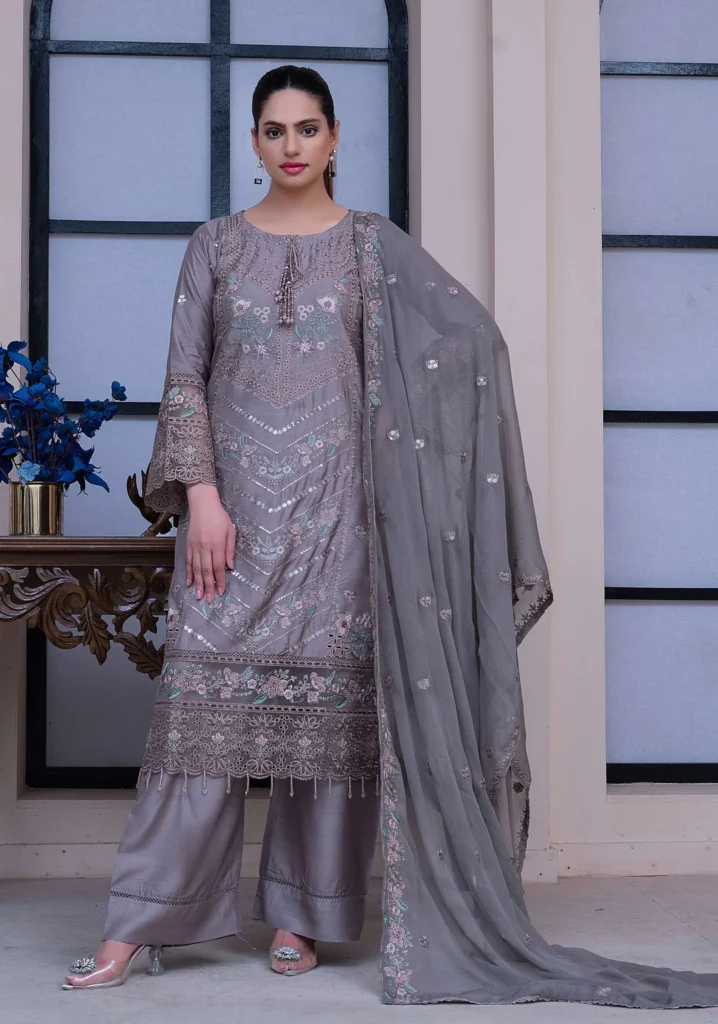 Luxury Ash Grey Embroidered Chiffon 3-Piece Suit – Women’s Festive Wear