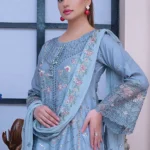 Sky Blue Embroidered Chiffon 3-Piece Suit – Designer Women’s Party Dress