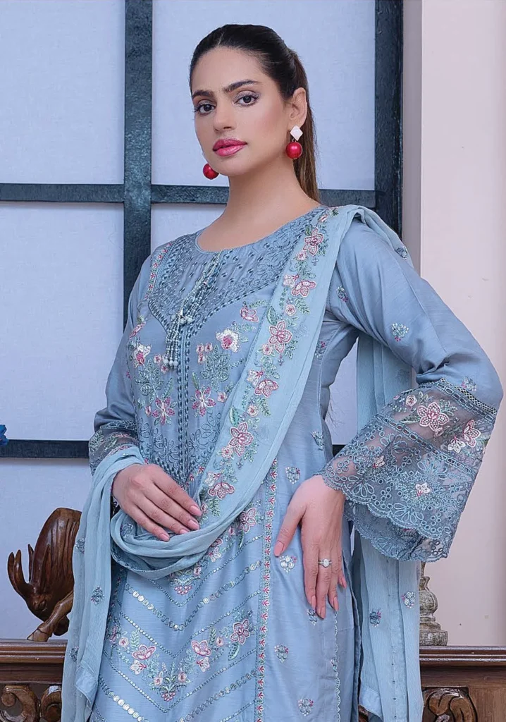 Sky Blue Embroidered Chiffon 3-Piece Suit – Designer Women’s Party Dress