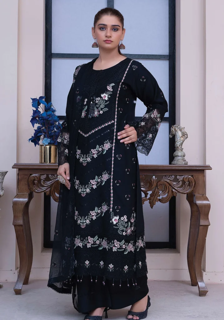 Classic Black Embroidered Chiffon 3-Piece Suit – Women’s Wedding Wear