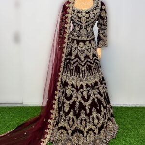 Royal Maroon Velvet Bridal Gown – Hand Embellished Zari & Dabka Work