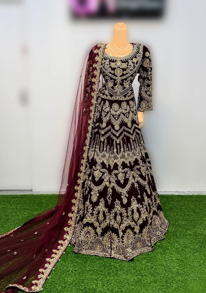 Royal Maroon Velvet Bridal Gown – Hand Embellished Zari & Dabka Work