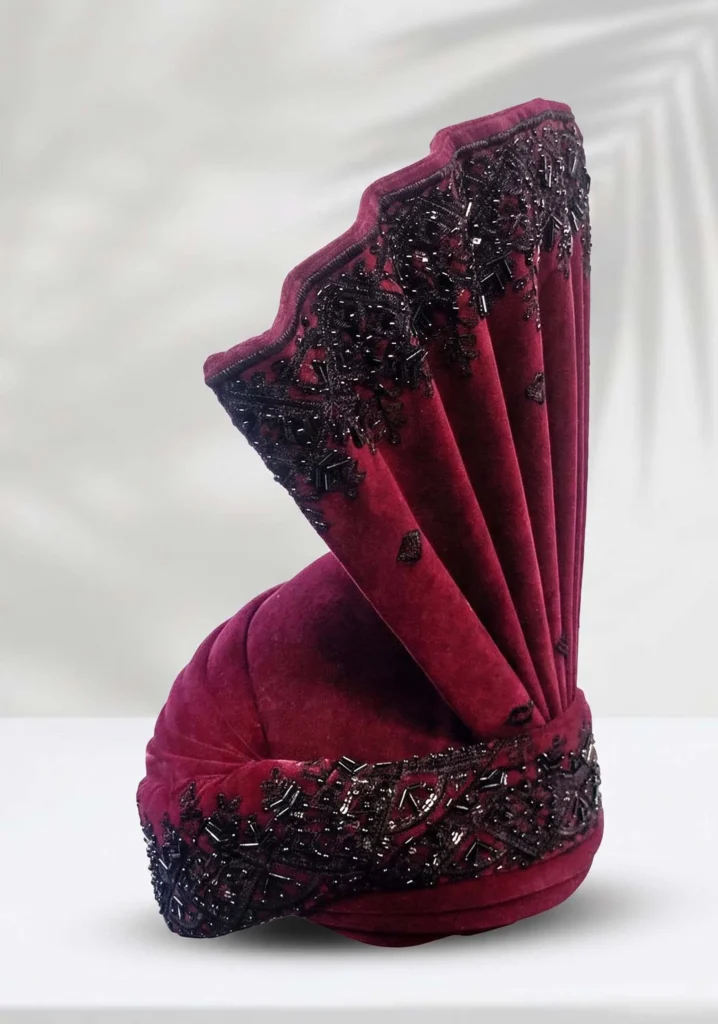 Maroon Velvet Groom Turban with Black Bead Embroidery