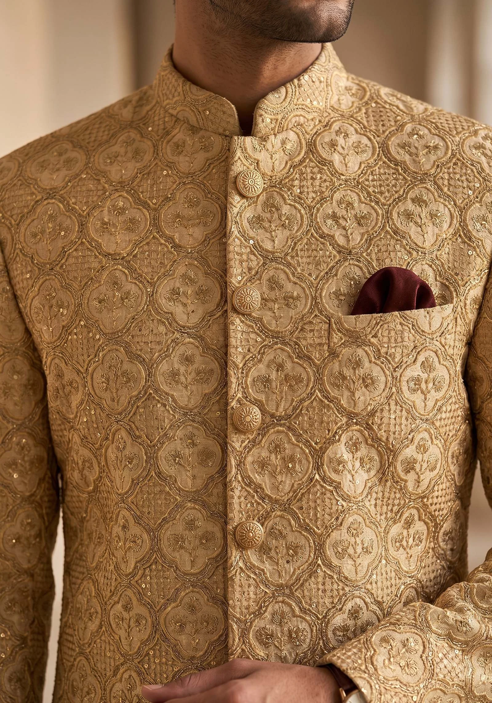 Majestic Golden Beige Sherwani - Image 2