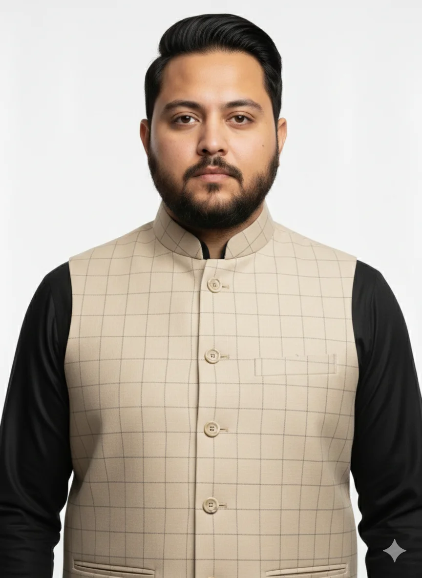 Luxury Beige Grid Check Waistcoat for Men | Formal Windowpane Pattern Vest | Men’s Designer Waistcoat for Wedding & Office - Image 5