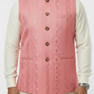 Men’s Designer Ethnic Waistcoat – Elegant Pink Embroidered Festive Jacket