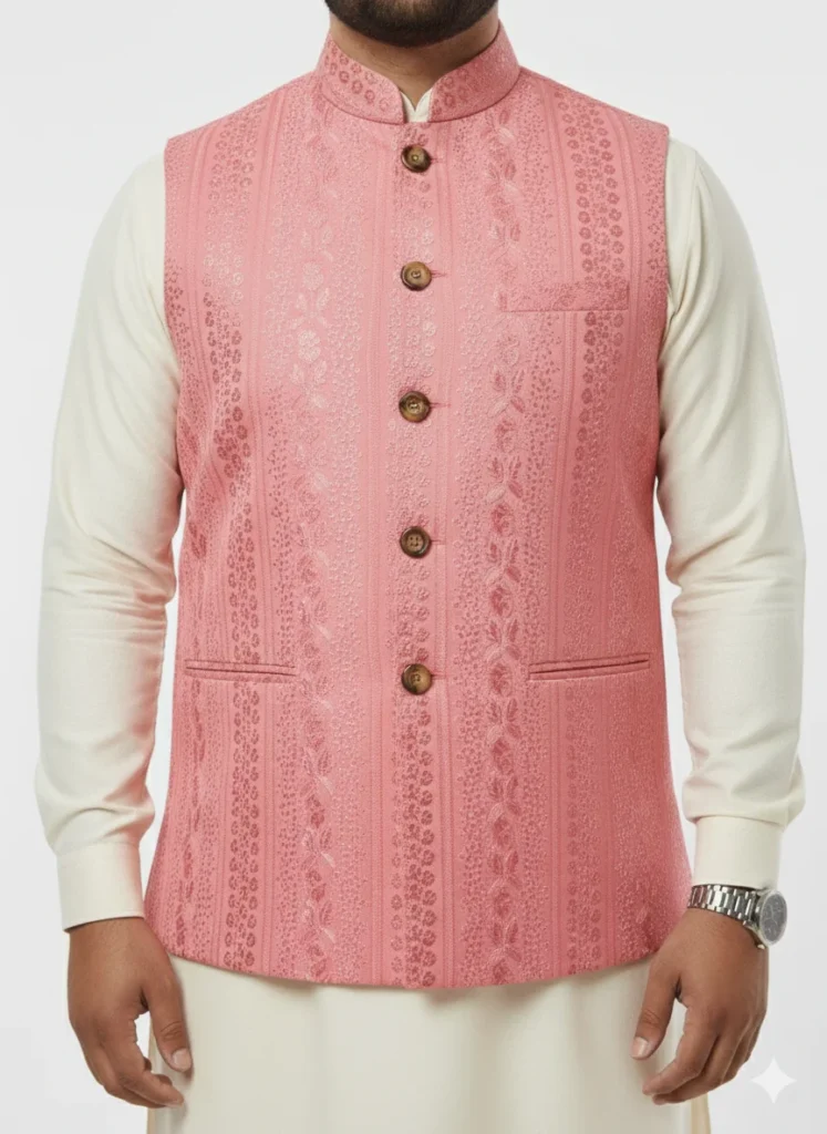 Men’s Designer Ethnic Waistcoat – Elegant Pink Embroidered Festive Jacket